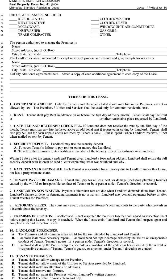 Minnesota Month to Month Rental Agreement Template Page 2