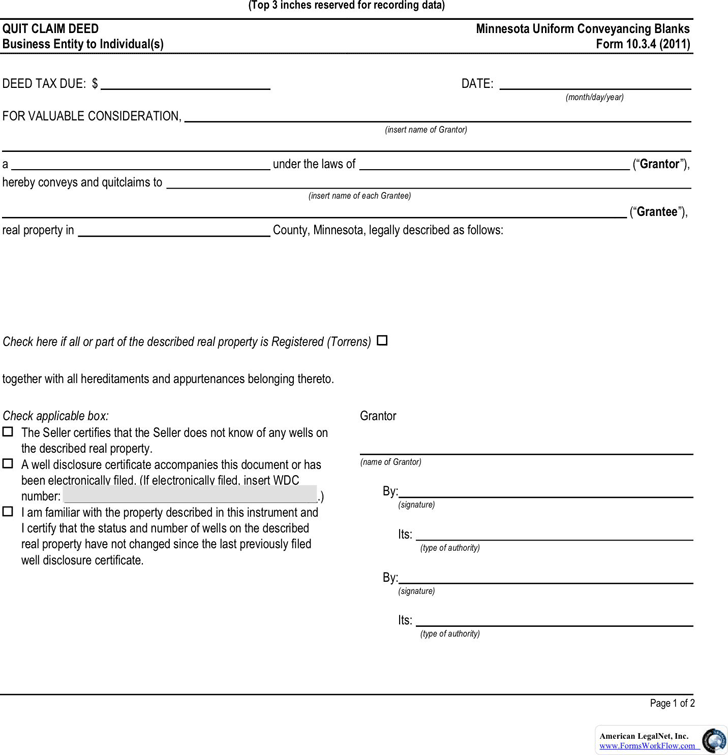 Minnesota Quitclaim Deed Form 2 (Business Entity To Individual)
