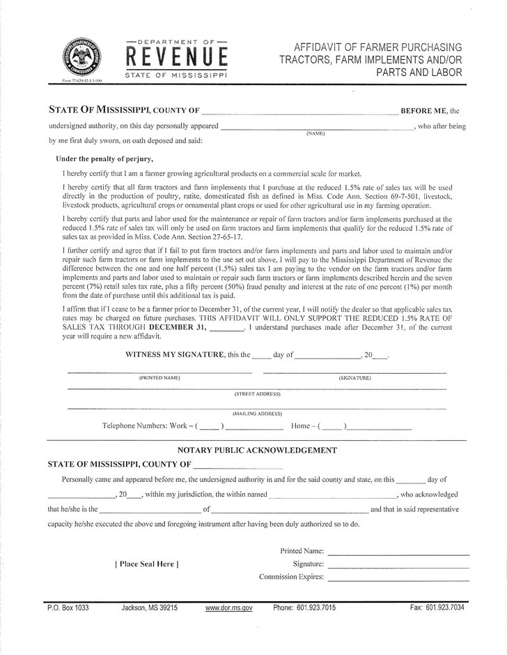 Mississippi Affidavit of Farmer Purchasing Tractors, Farm Implements and/or Parts and Labor Form