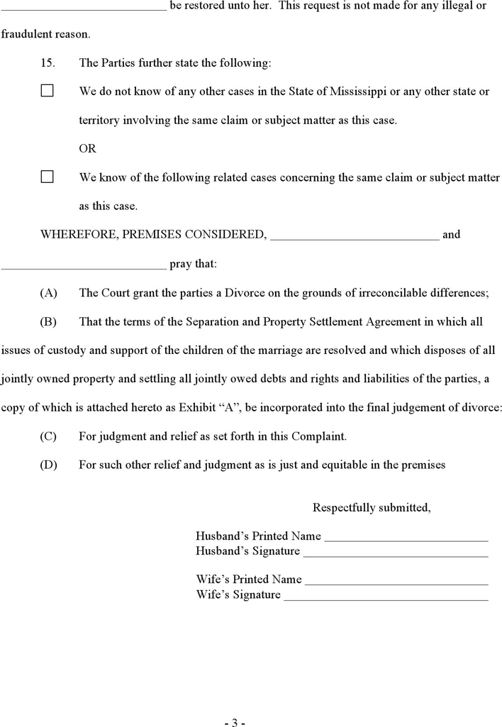 Mississippi Joint Complaint for Absolute Divorce Form Page 3