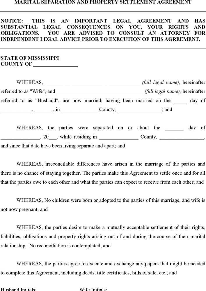 Mississippi Marital Settlement Agreement (no minor children) Form Page 2