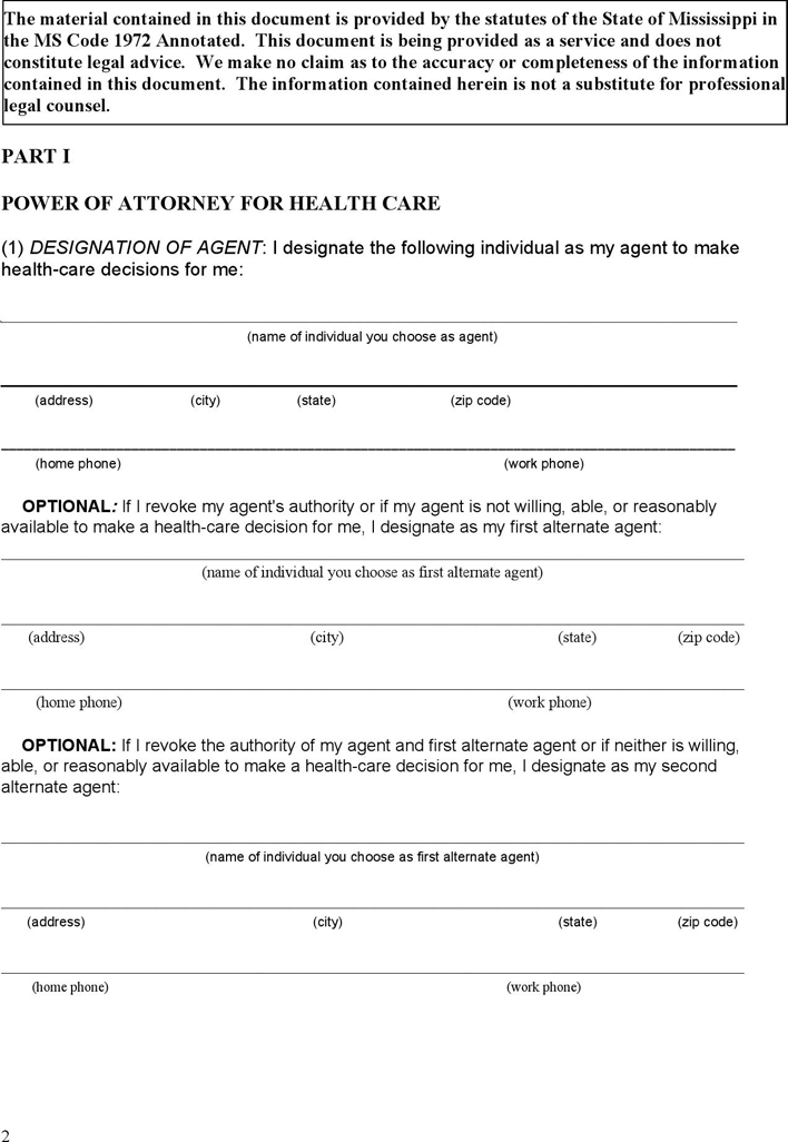 Mississippi Medical Power of Attorney Form Page 2