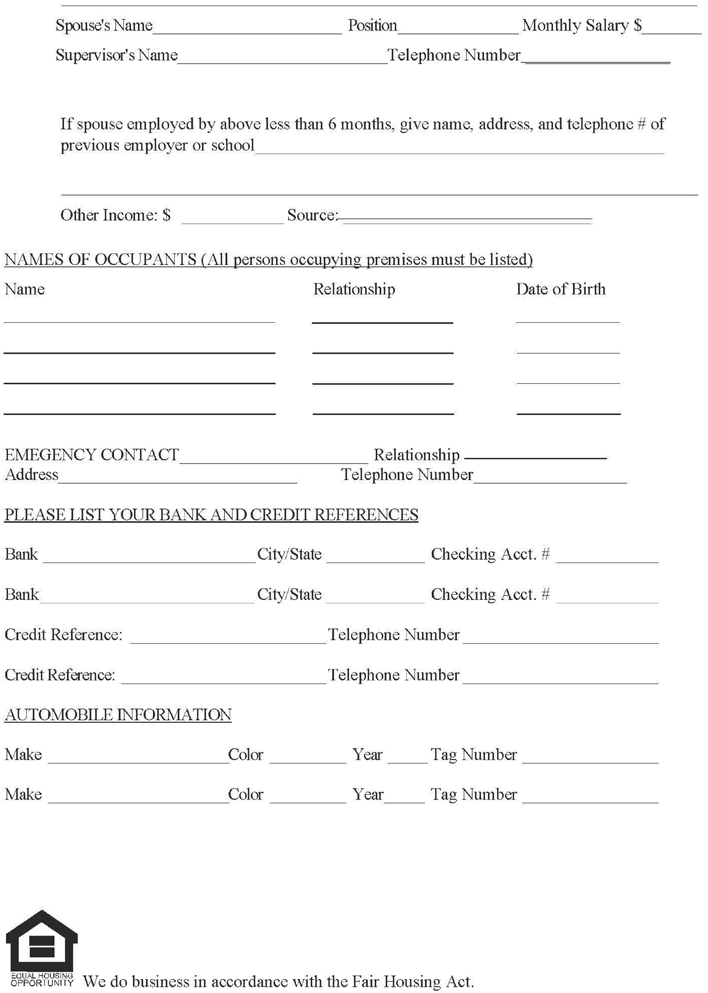 Mississippi Rental Application Form Page 2
