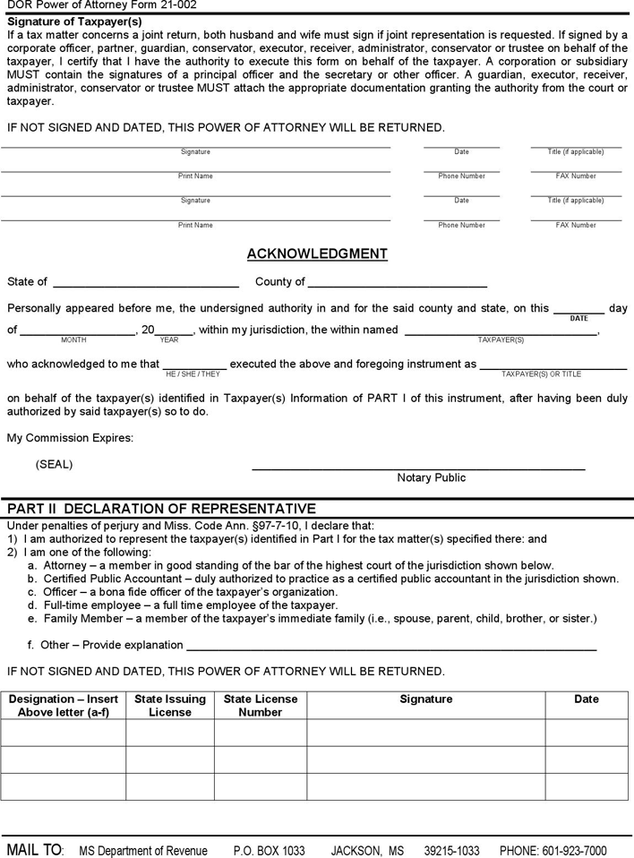 Mississippi Tax Power of Attorney Form Page 2