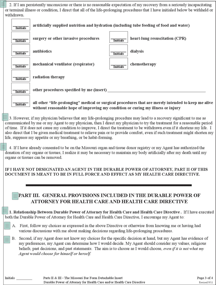 Missouri Health Care Power of Attorney Form Page 3