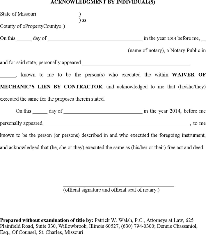 Missouri Waiver of Mechanic's Lien By Contractor Page 2