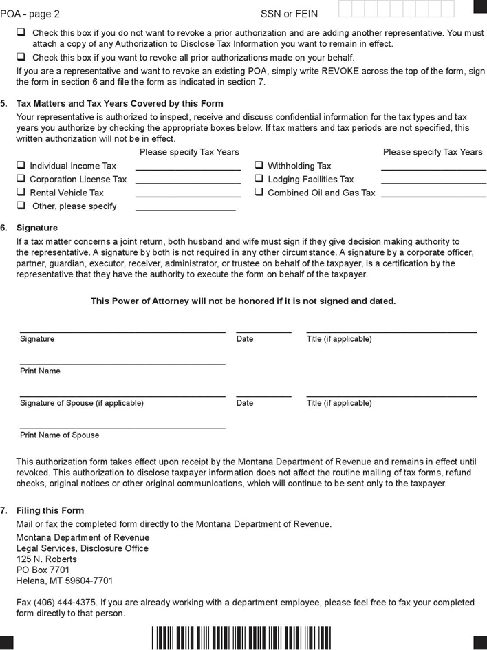 Montana Tax Power of Attorney Form Page 2