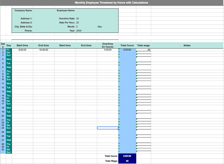 Monthly Employee Timesheet by Hours With Calculations