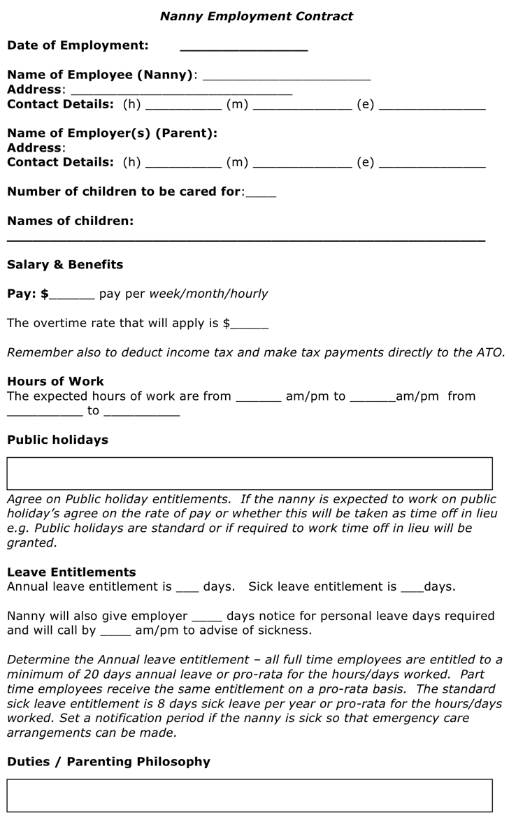 Free Nanny Employment Contract - doc  21KB  21 Page(s) Intended For Nanny Contract Template Word