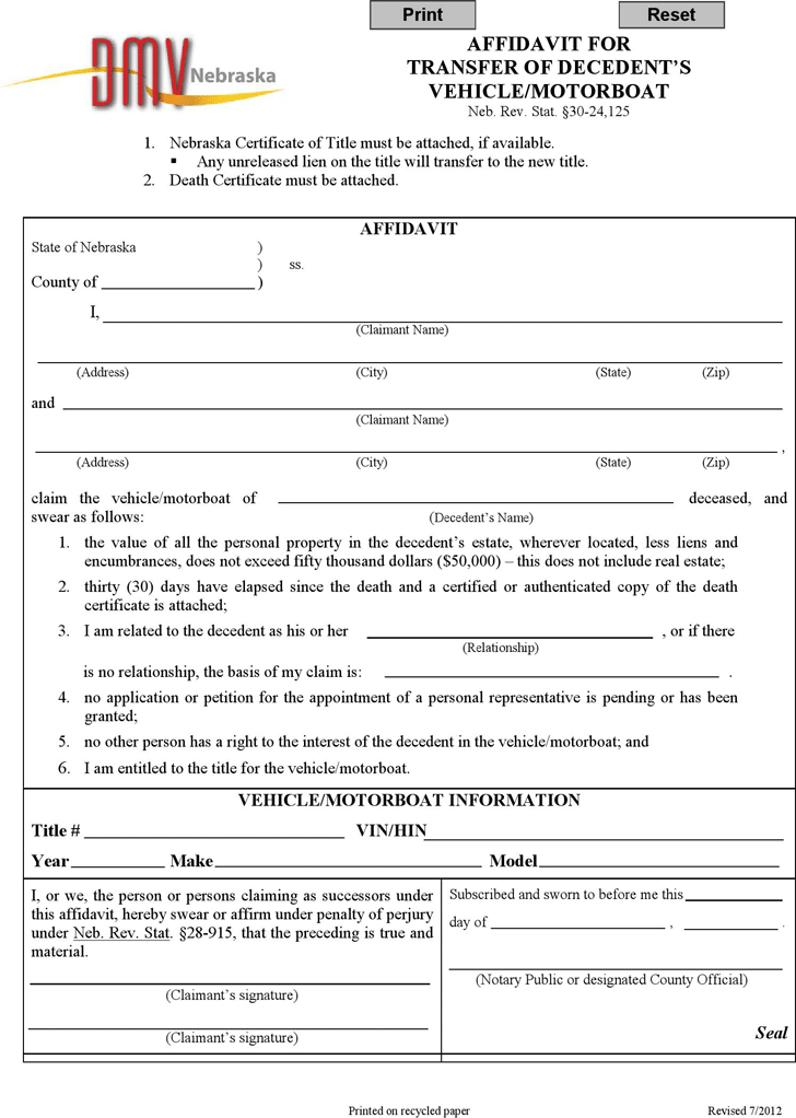 Nebraska Affidavit for Transfer of Decedent's Vehicle/Motorboat Form