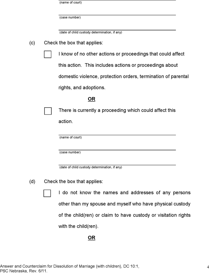 Nebraska Answer and Counterclaim for Dissolution of Marriage (Children) Form Page 4