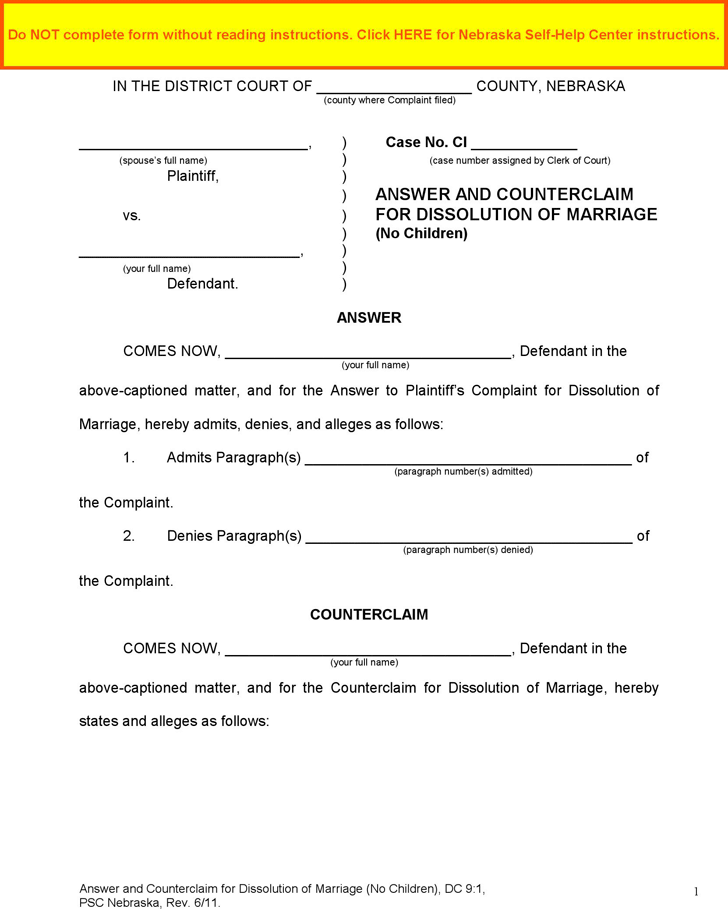 Nebraska Answer and Counterclaim for Dissolution of Marriage (No Children) Form
