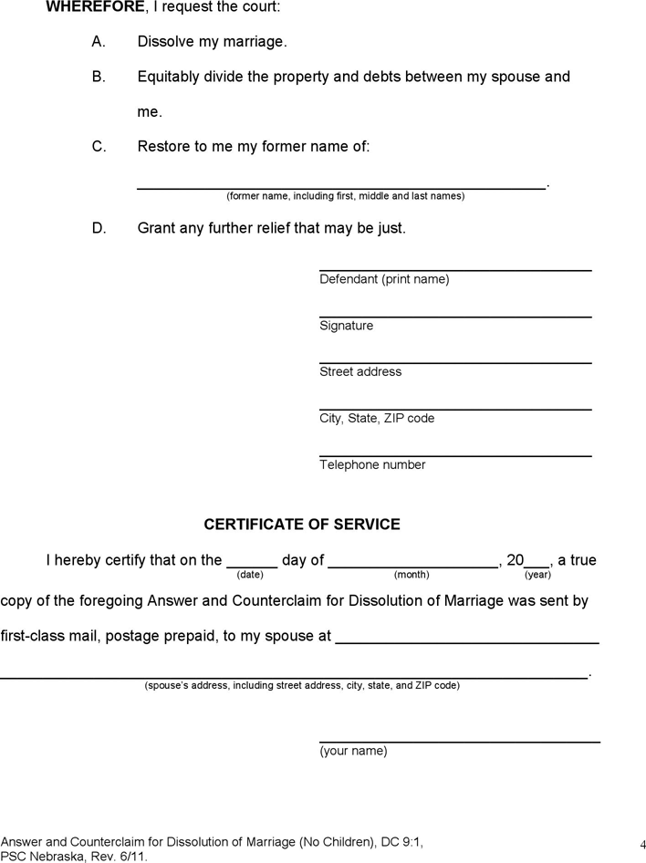 Nebraska Answer and Counterclaim for Dissolution of Marriage (No Children) Form Page 4