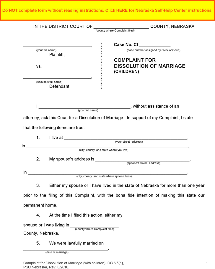 Nebraska Complaint for Dissolution of Marriage (Children) Form