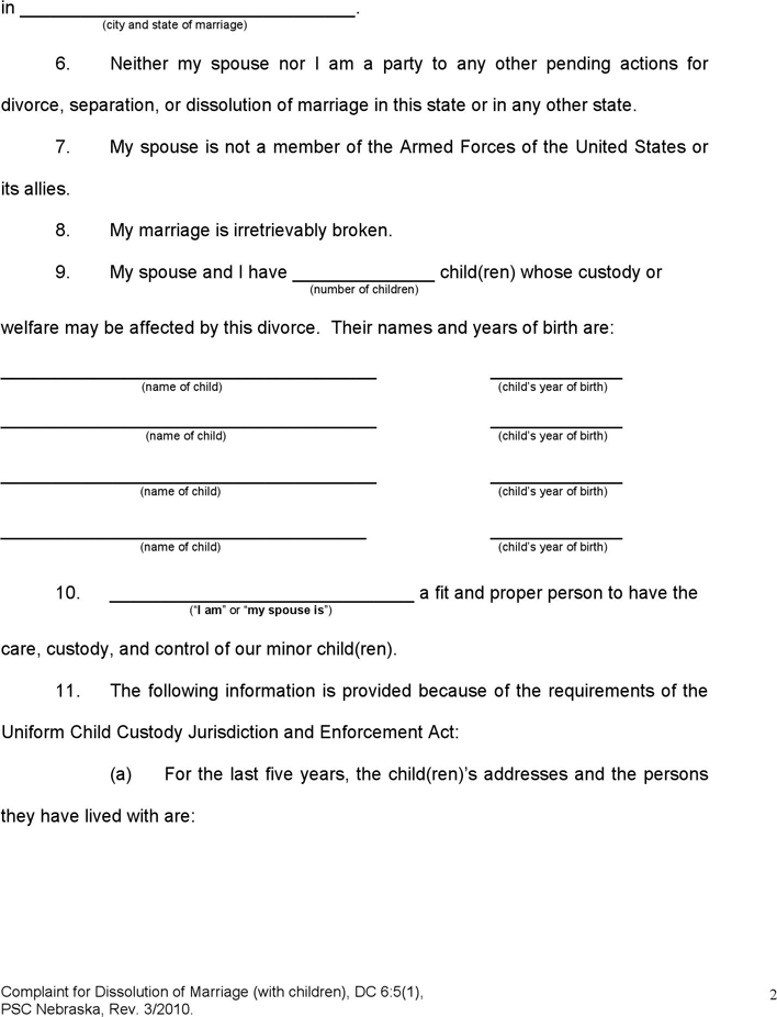 Nebraska Complaint for Dissolution of Marriage (Children) Form Page 2