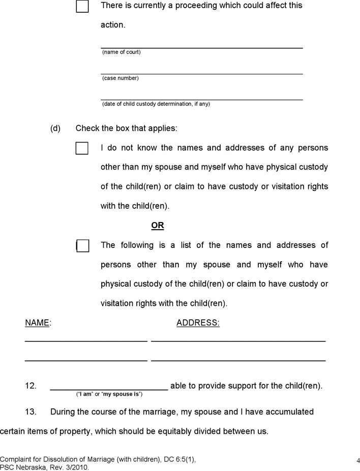 Nebraska Complaint for Dissolution of Marriage (Children) Form Page 4