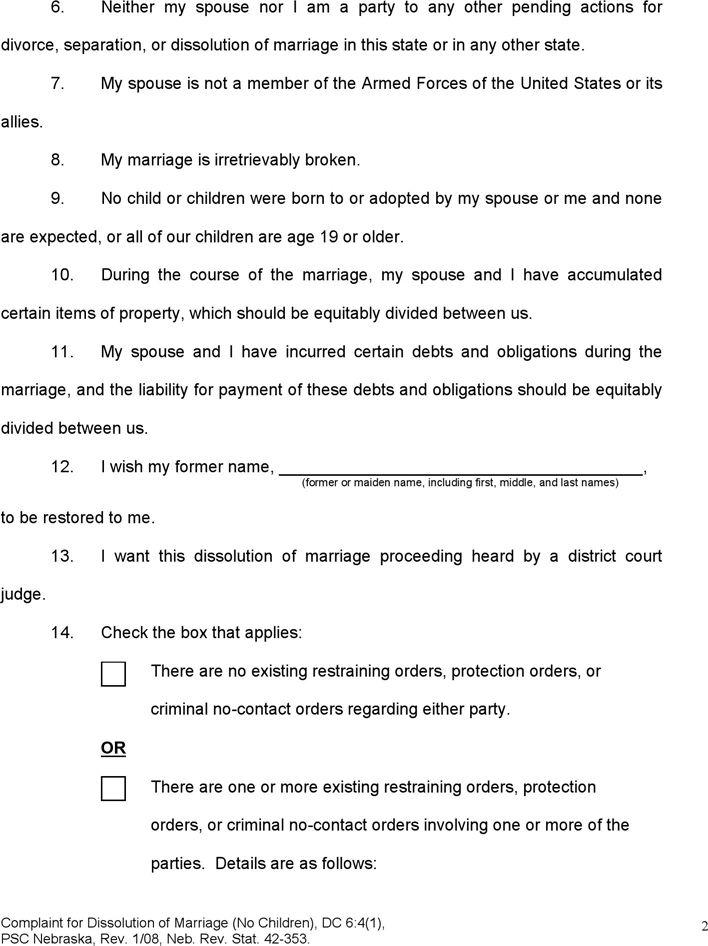 Nebraska Complaint for Dissolution of Marriage (No Children) Form Page 2