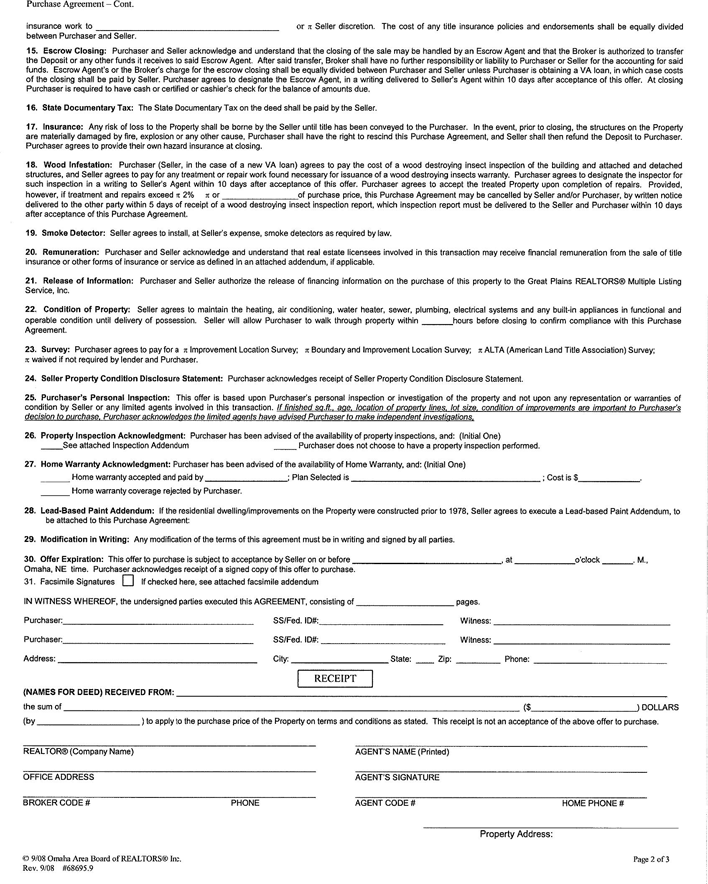 Nebraska Purchase Agreement Form Page 2