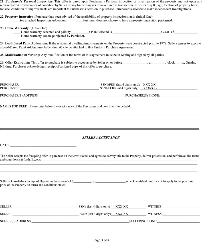 Nebraska Uniform Purchase Agreement Form Page 3