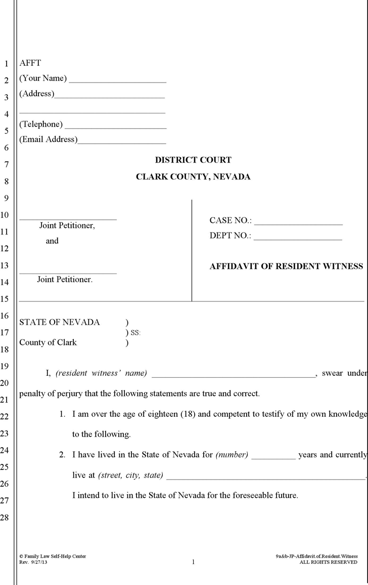 Nevada Affidavit of Resident Witness Form