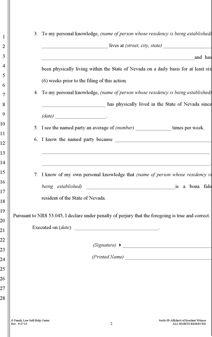 Nevada Affidavit of Resident Witness Form Page 2