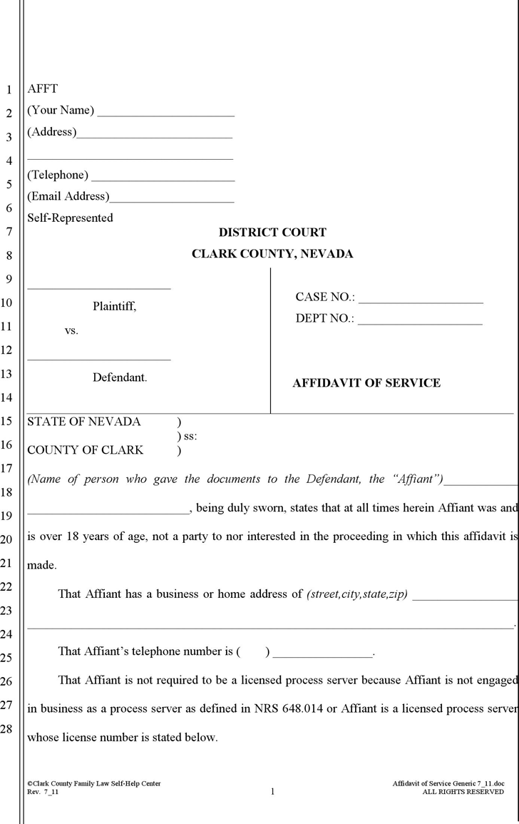 Nevada Affidavit of Service (with Minor Children) Form