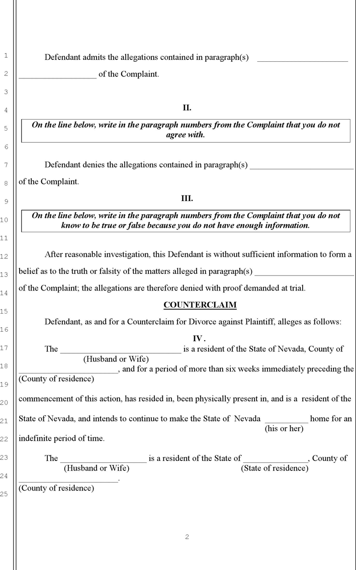 Nevada Answer to Complaint for Divorce and Counterclaim No Children Form Page 2