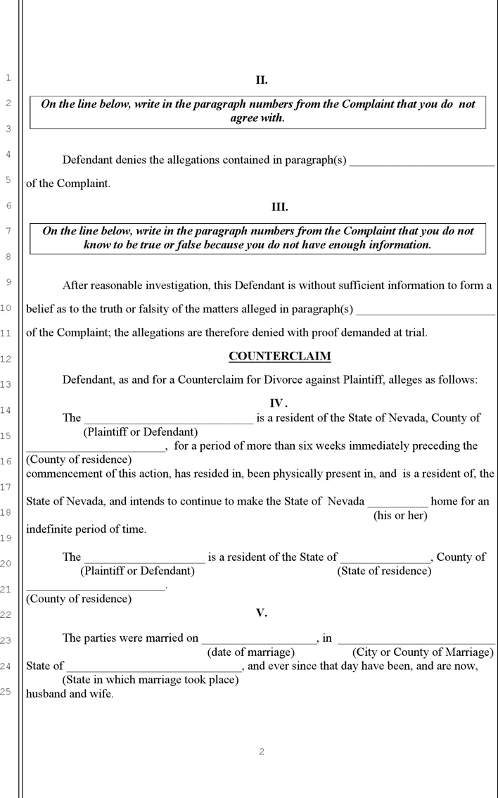 Nevada Answer to Complaint for Divorce and Counterclaim With Children Form Page 2