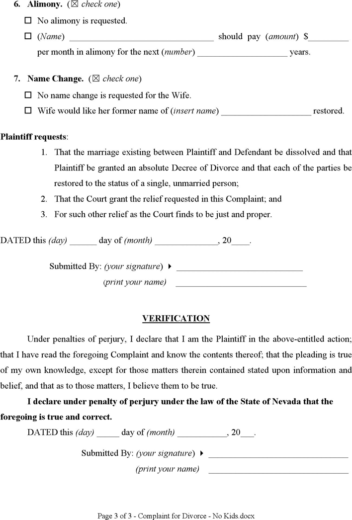 Nevada Complaint for Divorce (No Children) Form Page 3