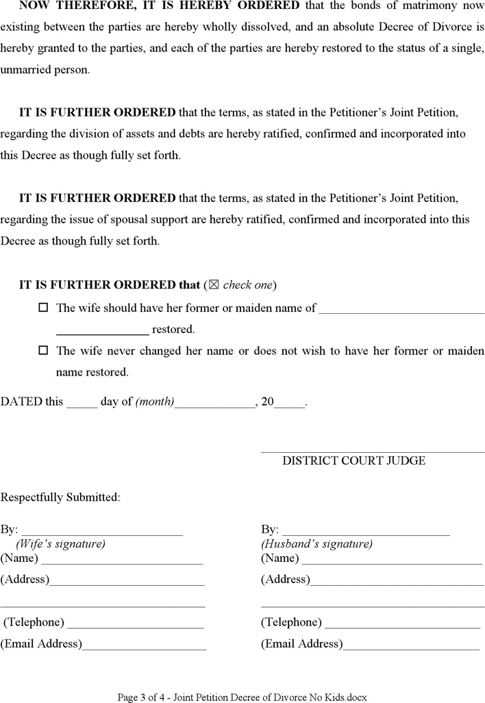 Nevada Decree of Divorce (No Children) Form Page 3