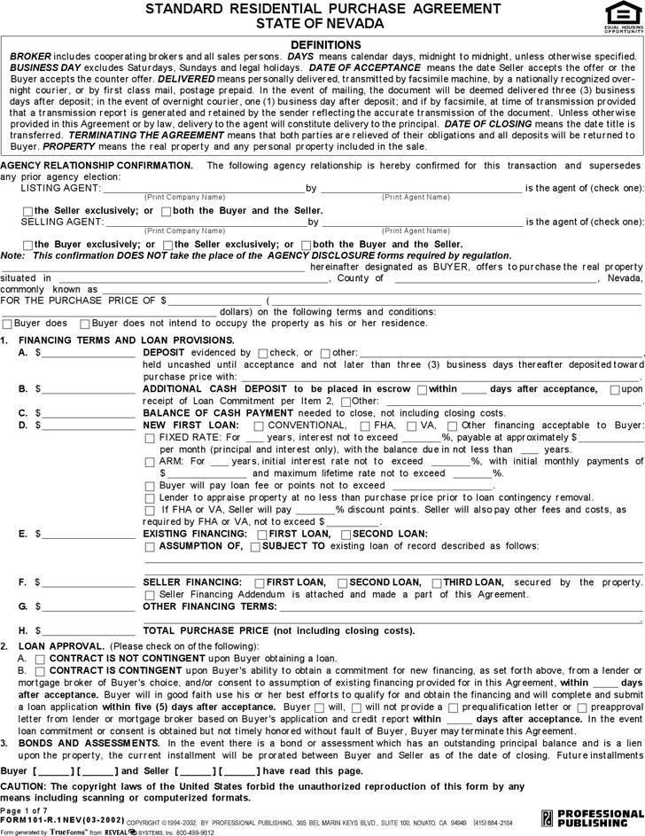 Nevada Standard Residential Purchase Agreement Form