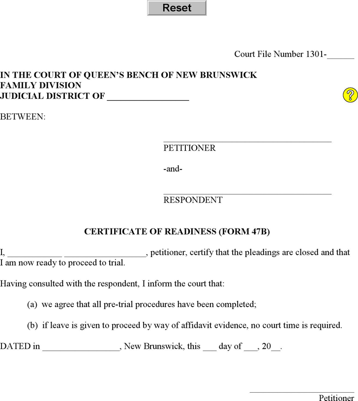 New Brunswick Certificate of Readiness (Affidavit - Sole Petitioner) Form