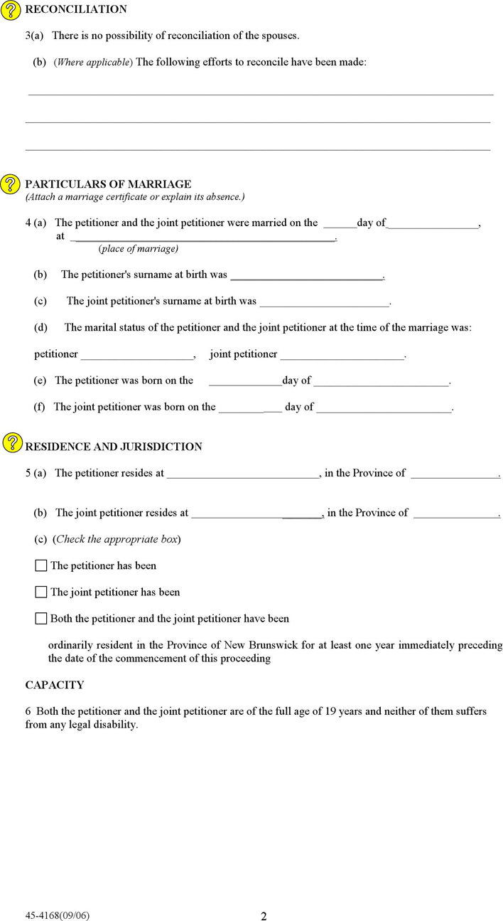 New Brunswick Joint Petition for Divorce Form Page 2