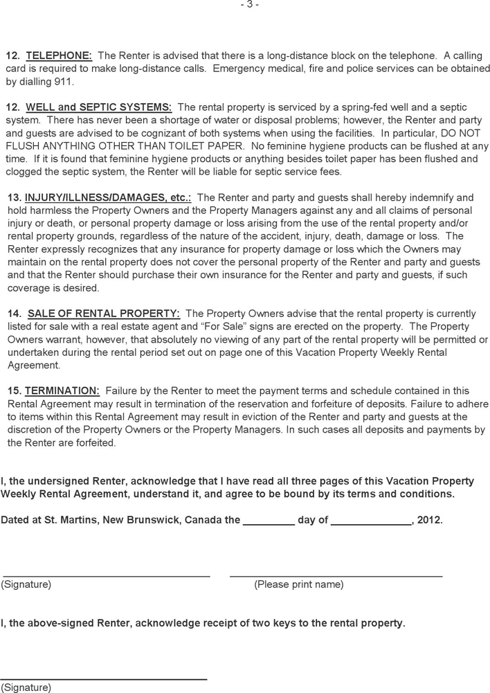 New Brunswick Vacation Property Weekly Rental Agreement Form Page 3