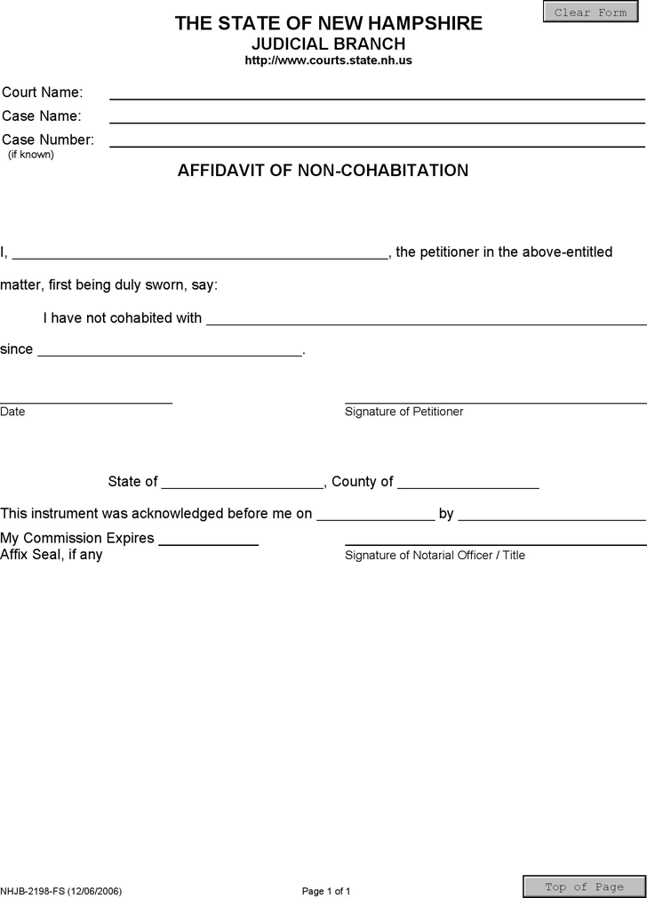 New Hampshire Affidavit of Non-Cohabitation Form
