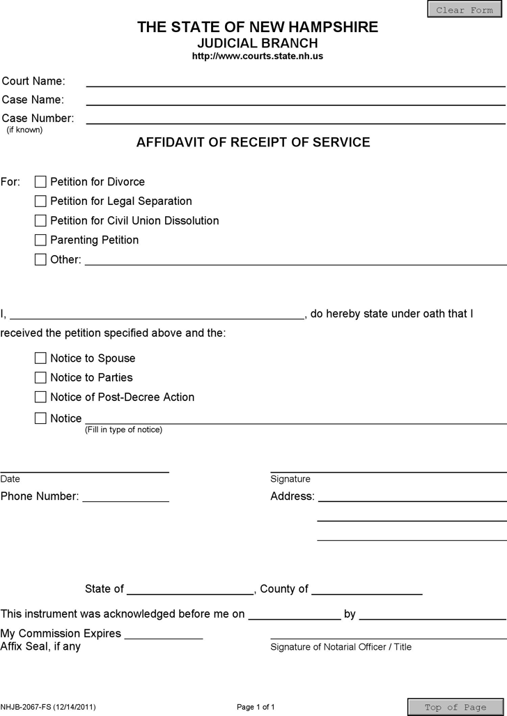 New Hampshire Affidavit of Receipt of Service Form