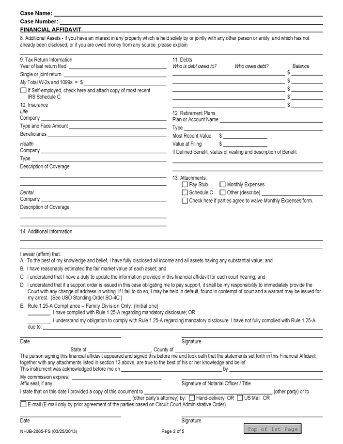 New Hampshire Financial Affidavit Form Page 2