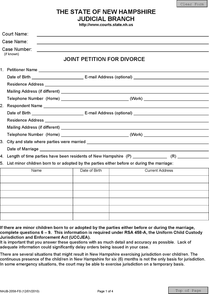 free new hampshire joint petition for divorce form pdf 66kb 4 page s