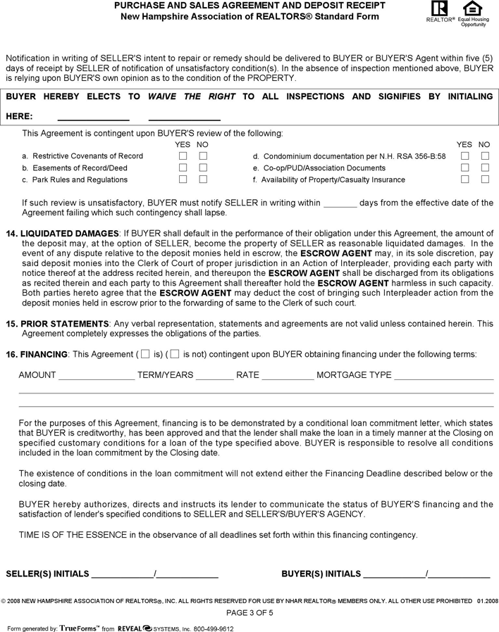 New Hampshire Purchase and Sales Agreement and Deposit Receipt Form Page 3