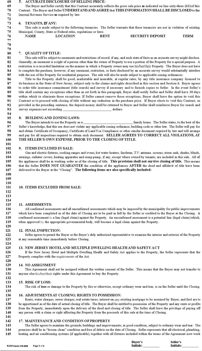 New Jersey Association of Realtors Standard Form of Real Estate Contract Page 2