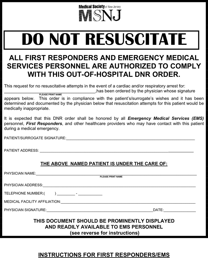 New Jersey Do Not Resuscitate Form