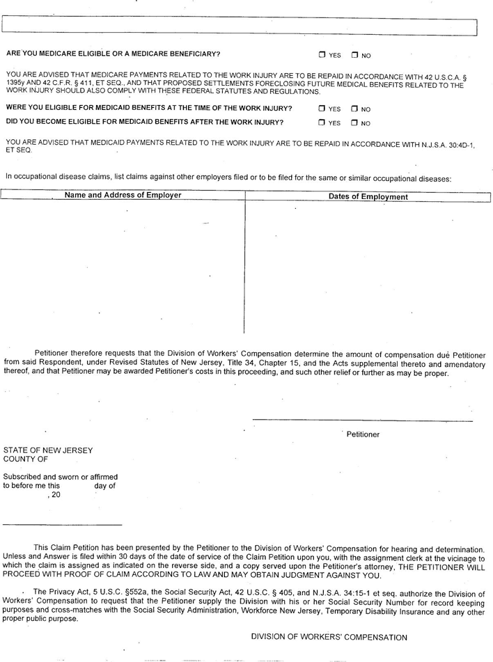 New Jersey Employee Claim Petition Page 2