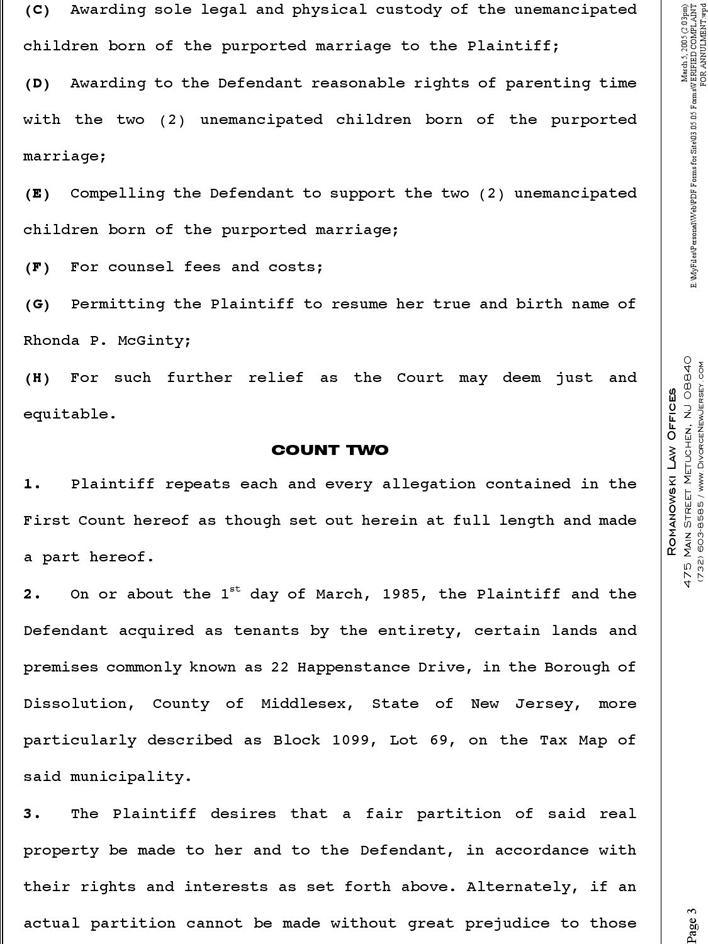 New Jersey Verified Complaint For Annulment Sample Page 3