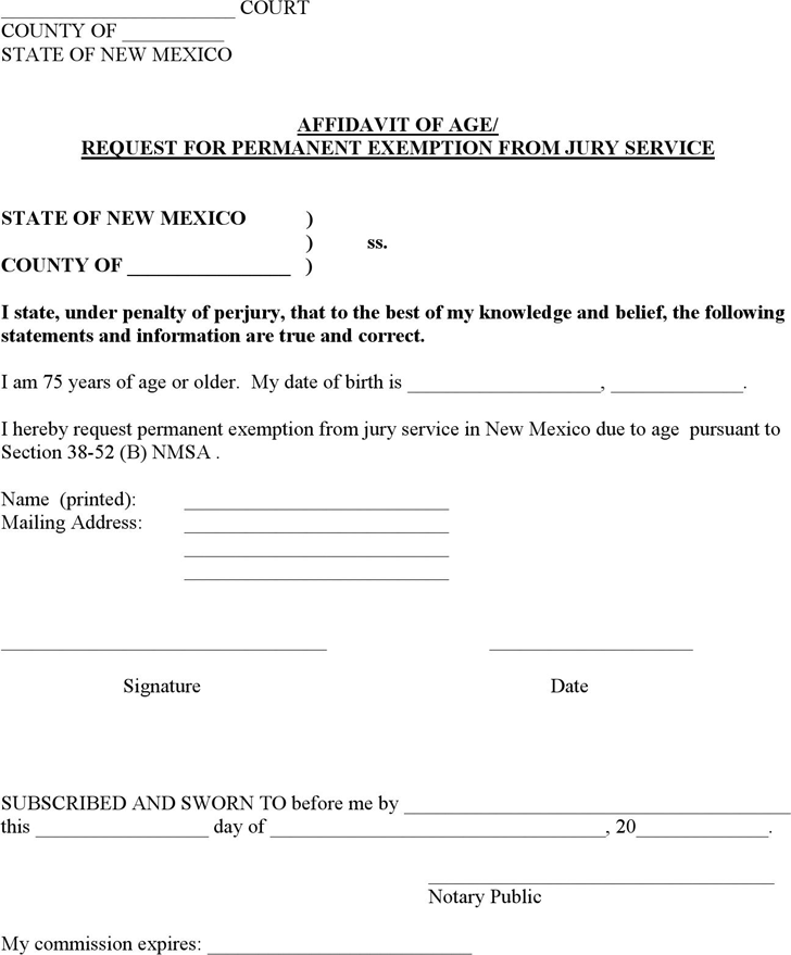 New Mexico Affidavit of Age/Request for Permanent Exemption from Jury Service Form