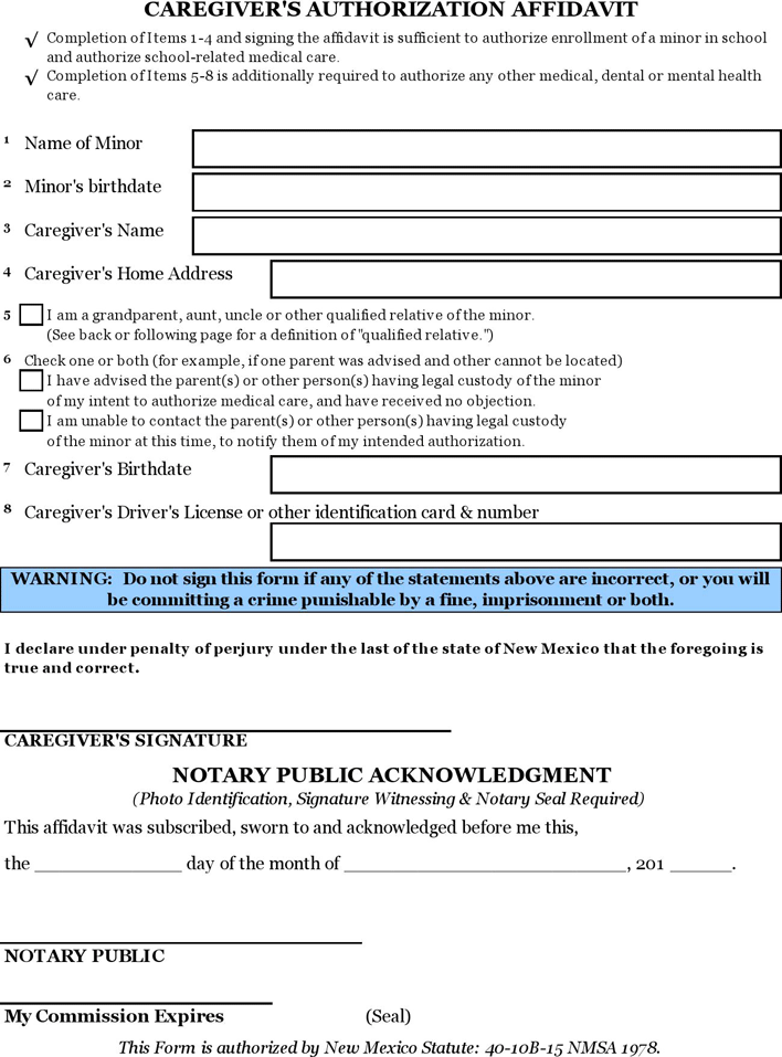 New Mexico Caregiver's Authorization Affidavit Form Page 2