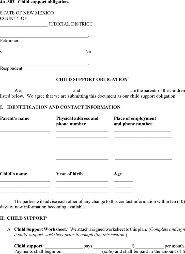 New Mexico Child Support Obligation Form