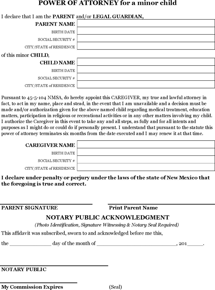 New Mexico Power of Attorney for a Minor Child Form Page 2