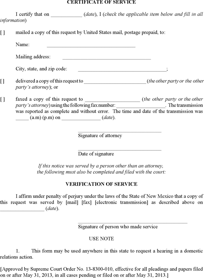 New Mexico Request for Hearing (Domestic Relations Actions) Form Page 2