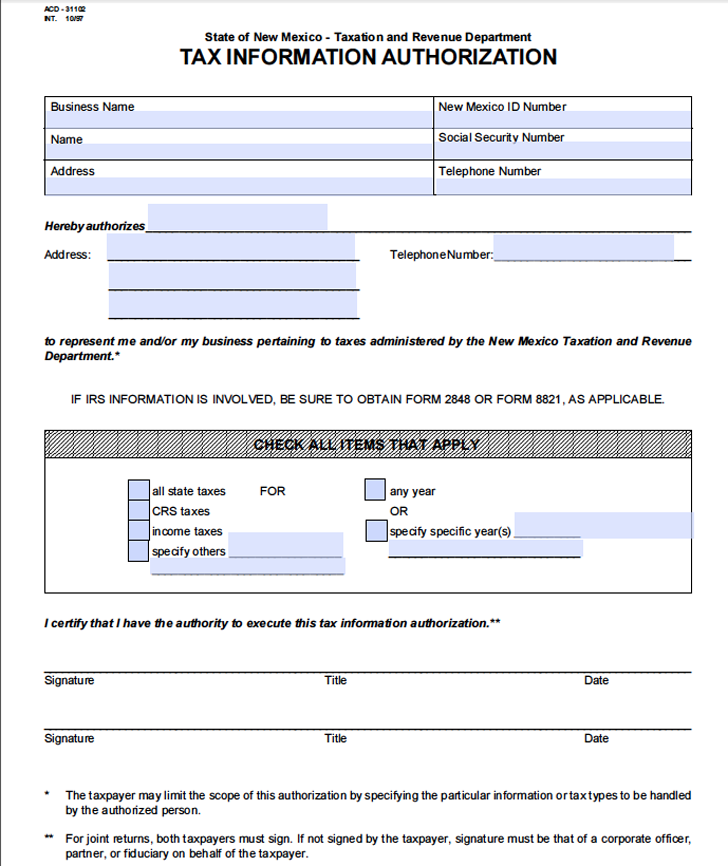 New Mexico Tax Power of Attorney Form