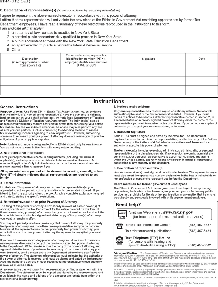 New York Estate Tax Power of Attorney Form Page 2